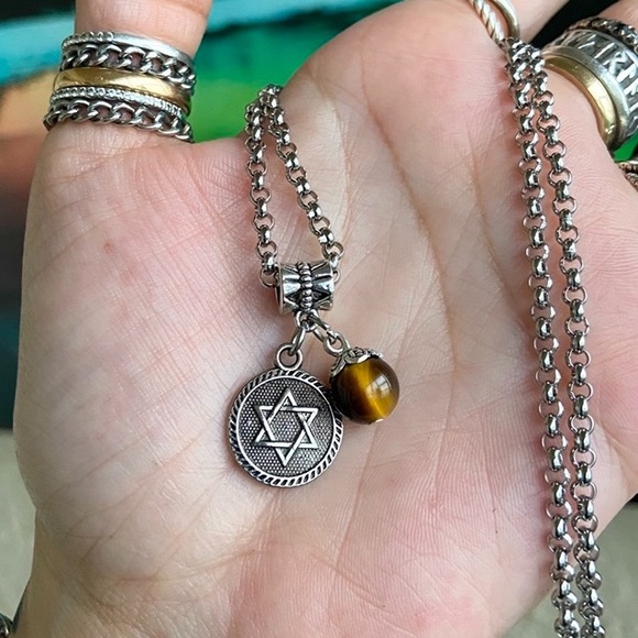 🔴 Sale david’s star medal tiger eye gemstone stainless steel chain necklace - Picture 5 of 7